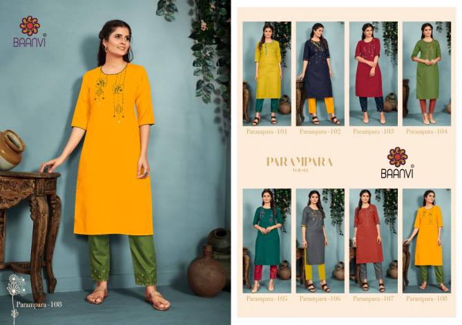 Baanvi Parampara 1 New Exclusive Wear Designer Cotton Embroidery Kurti With Pant Collection